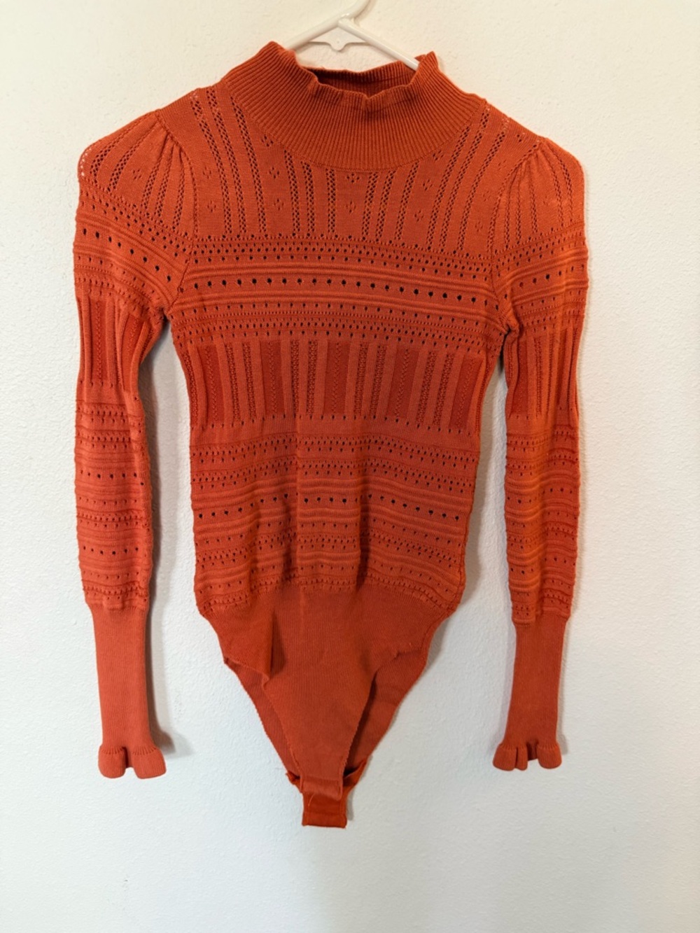 Free People Orange Pointelle Mock Neck Bodysuit Sweater